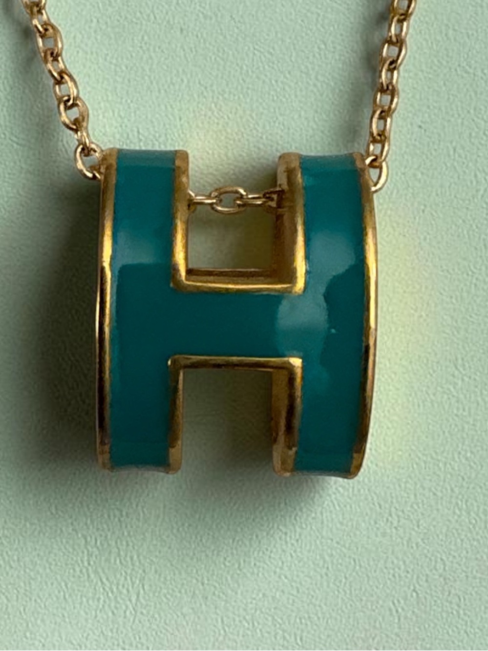 Green Gold-Tone Large H Pendant